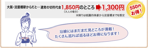 大阪・淀屋橋駅からだと・・・通常の切符代金1,850円のところ→1,300円 550円お得！