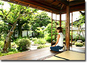 松江城にあったといわれる苔むしたシャチホコが、庭の奥に配置されている