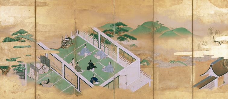 《源氏物語図屏風》（左隻）狩野常信筆　 六曲一双　紙本金地著色　江戸時代　17世紀　相国寺蔵　