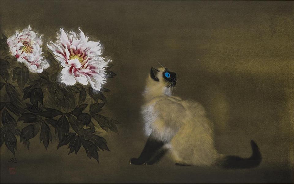 加山又造《猫ト牡丹》