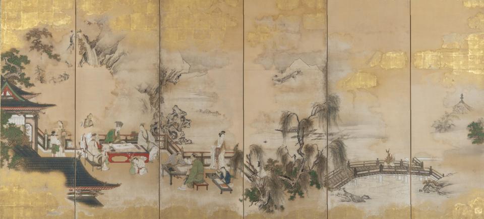 琴棋書画図屏風　六曲一双　江戸時代　相国寺蔵（左隻）（展示期間：II期）