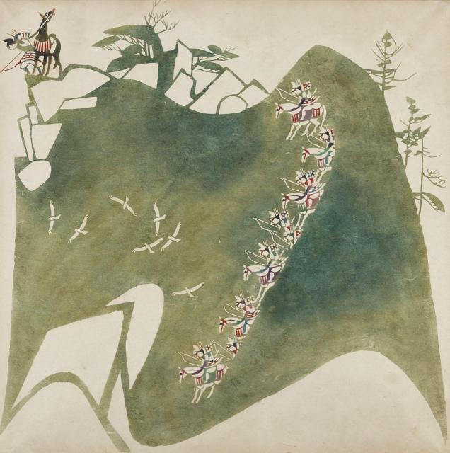 稲垣稔次郎《紙本型絵染平家物語屏風　ひよどり越え》1959年 京都市美術館蔵