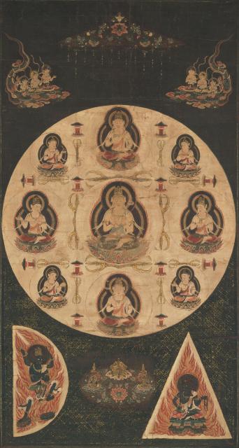 重要文化財　弥勒曼荼羅　１幅　絹本着色　鎌倉時代　103.2×56.6 cm　京都・醍醐寺　（展示期間：4月20日～5月19日）