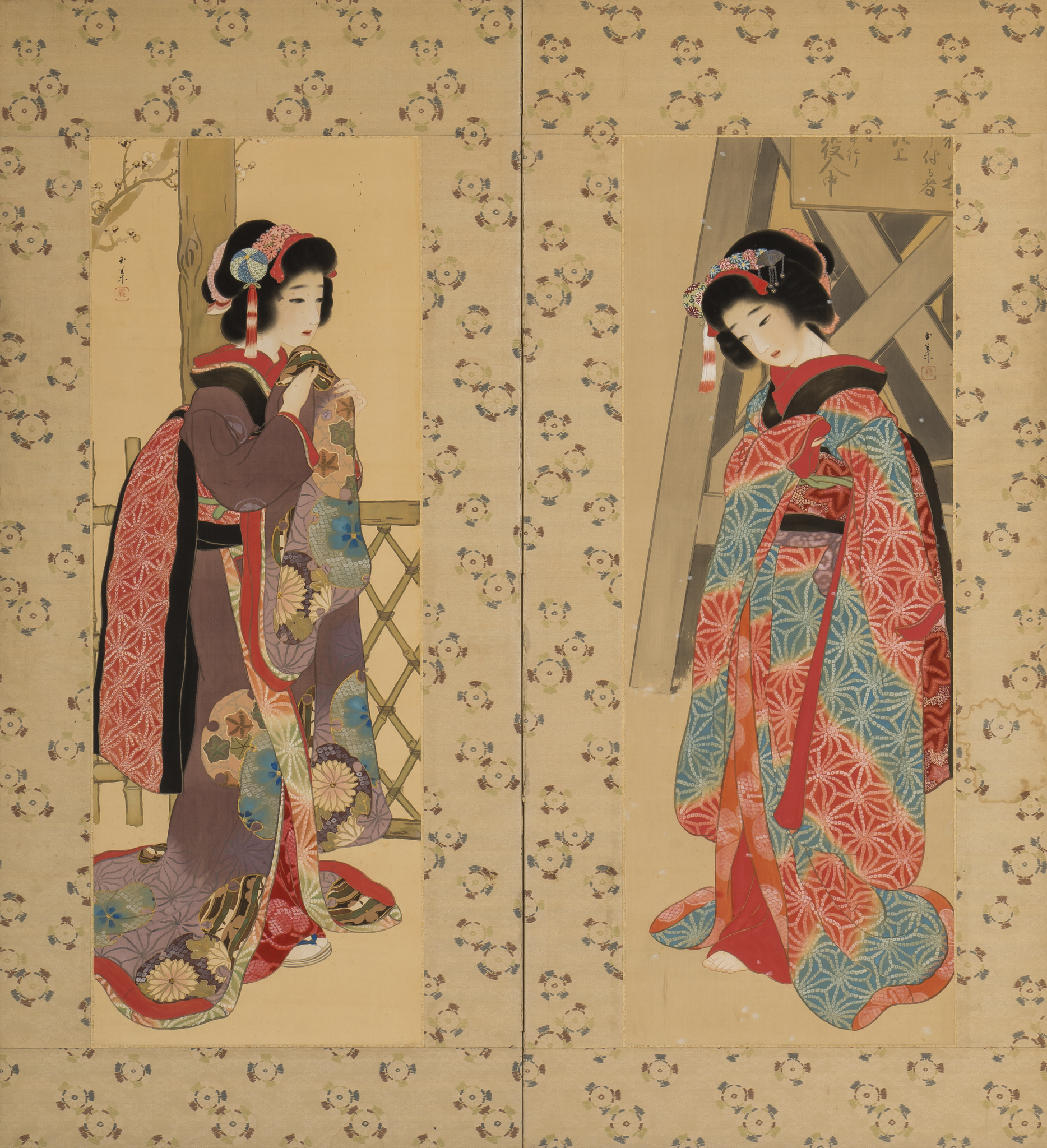 栗原⽟葉《お七・お染》⼤正時代 福田美術館蔵 通期展⽰