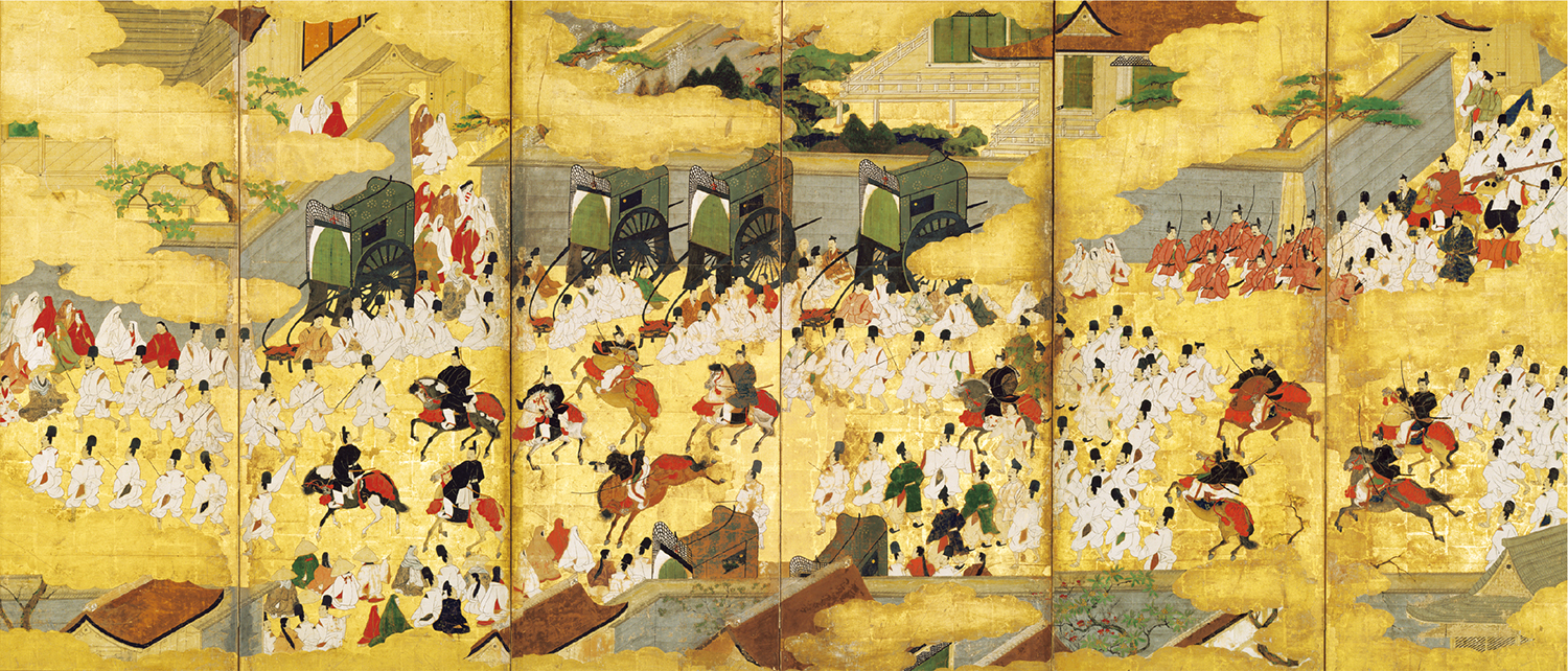 車争図屛風（右隻）　土佐光茂筆　室町時代・永禄3年（1560）　京都・仁和寺蔵　(前期展示）