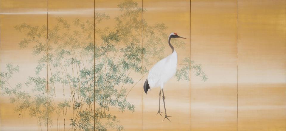 木島櫻谷《鶴図屏風》（左隻）昭和時代 （福田美術館蔵） 通期展示
