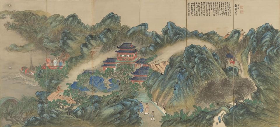 重要文化財　阿部仲麻呂明州望月・円通大師呉門隠栖図（右隻）　富岡鉄斎筆　辰馬考古資料館蔵（8/11～9/6展示）