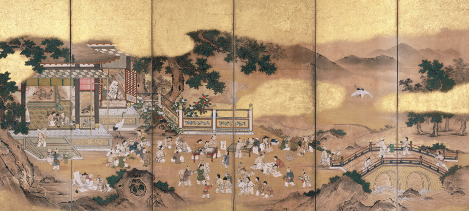 郭子儀兒孫遊歓嬉図屏風（左隻）　六曲一双　紙本金地著色　江戸時代　相国寺蔵（Ⅰ期）